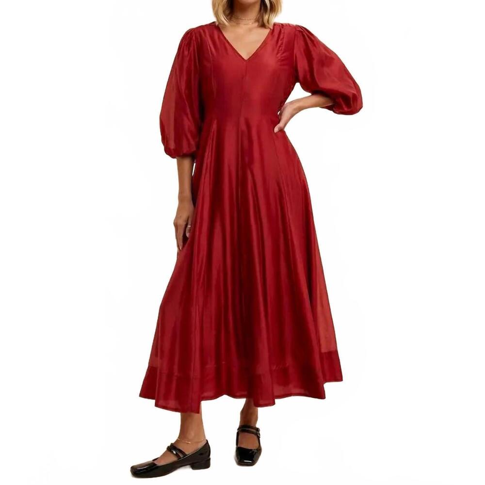 NEW IN-LOOM tencel fit and flare puff sleeve dress in red
